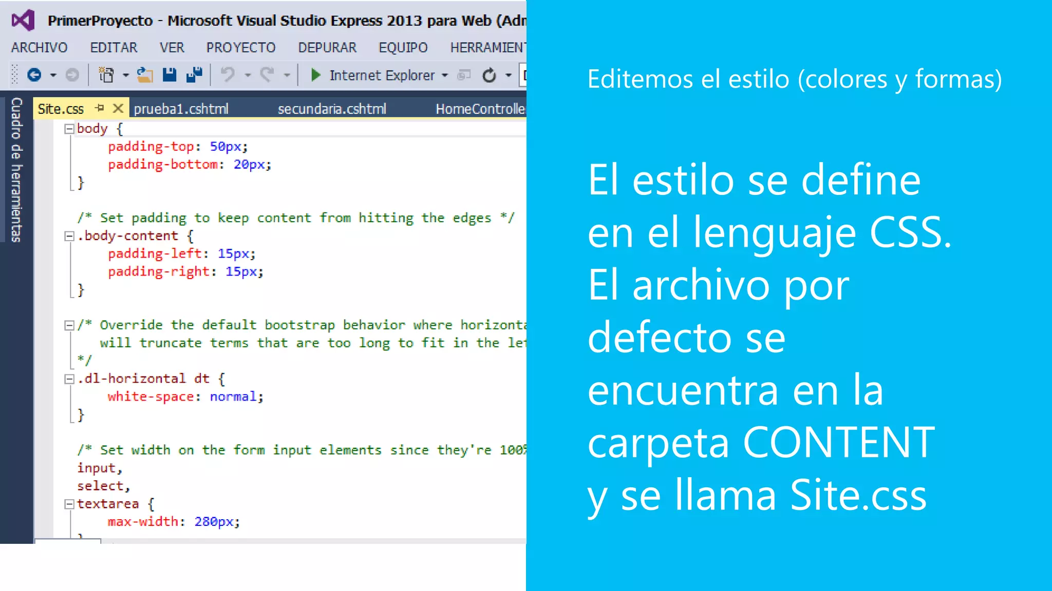 El estilo se define
en el lenguaje CSS.
El archivo por
defecto se
encuentra en la
carpeta CONTENT
y se llama Site.css
Editemos el estilo (colores y formas)
 