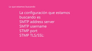 La configuración que estamos
buscando es
SMTP address server
SMTP username
STMP port
STMP TLS/SSL:
Lo que estamos buscando
 