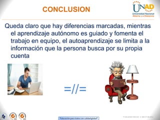 CONCLUSION

Queda claro que hay diferencias marcadas, mientras 
 el aprendizaje autónomo es guiado y fomenta el 
 trabajo en equipo, el autoaprendizaje se limita a la 
 información que la persona busca por su propia 
 cuenta

                                   

                                     =//=
                                            FI-GQ-GCMU-004-015 V. 000-27-08-2011
 