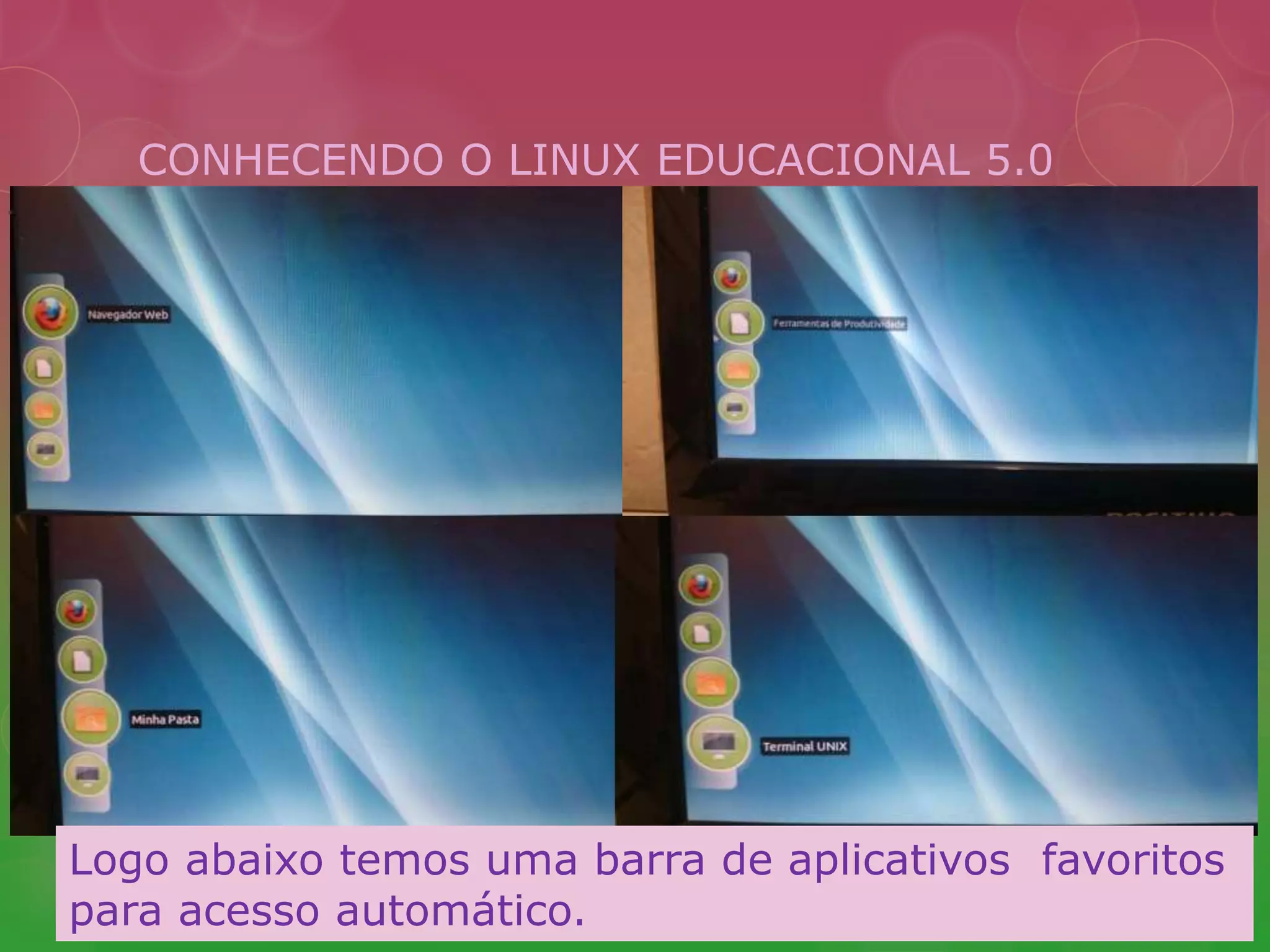 CONHECENDO O LINUX EDUCACIONAL 5.0 
Logo abaixo temos uma barra de aplicativos favoritos 
para acesso automático. 
 
