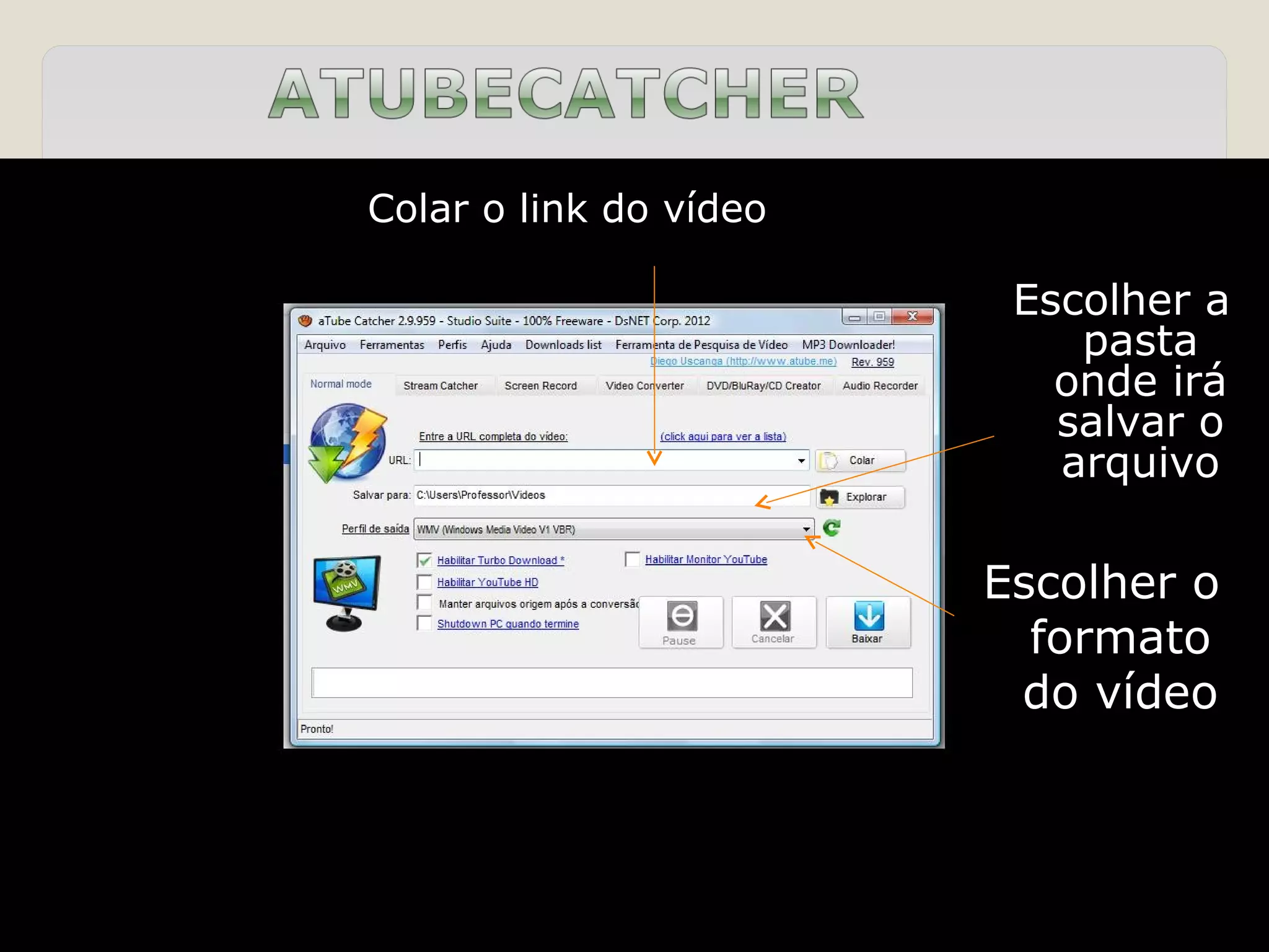 Colar o link do vídeo

                         Escolher a
                            pasta
                           onde irá
                           salvar o
                           arquivo

                        Escolher o
                          formato
                         do vídeo
 