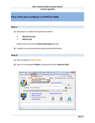 Mini Tutorial Perfiles en Atube Catcher
                                      Conectar Igualdad



Paso a Paso para configurar un Perfil de Salida



Paso 1:

   a) Descargá en tu máquina los siguientes archivos:

             Mp4 ElC low.apf
             Mp4 ElC.apf

      Ambos están en la sección Archivos/Descargas del aula.

   b) Copialos en una carpeta donde puedas ubicarlos fácilmente.


Paso 2:

   a) Abrí el programa aTube Catcher.

   b) Hacé clic en la pestaña Perfiles y seleccioná la opción Importar Perfil.




                                                                                 Página 2
 