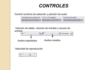 CONTROLES 
Control numérico de selección y posición de audio 
Volumen de salida, volumen de entrada y recurso de 
entrada 
Audios exportados Audios creados 
Velocidad de reproducción 
 