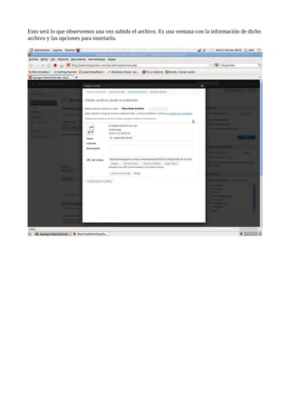 Esto será lo que observemos una vez subido el archivo. Es una ventana con la información de dicho
archivo y las opciones para insertarlo.
 