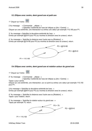 Autocad 2006                                                                                    39



   9.3. Ellipse avec centre, demi grand axe et petit axe


1° Cliquer sur l’icône

2 Au message     « Commande : _ellipse : »
                 « Spécifiez l’extrémité de l’axe de l’ellipse ou [Arc / Centre] : »
Cliquer sur une extrémité, une intersection ou entrez une valeur par exemple 115,185 pour P1.

3° Au message « Spécifiez la deuxième extrémité de l’axe : »
Entrez par exemple @25<0 pour P2 (ou montrez la direction avec le curseur), return.

4° Au message « Spécifiez la distance avec l’autre axe ou [Rotation] : »
Entrez par exemple @10<90 pour P3 (ou montrez la direction avec le curseur), return.

                                                                P3 = @10<90

                                                                              P2 = @25<0



               P1 = 115,185



   9.4. Ellipse avec centre, demi grand axe et rotation autour du grand axe


1° Cliquer sur l’icône

2° Au message « Commande : _ellipse : »
                 « Spécifiez l’extrémité de l’axe de l’ellipse ou [Arc / Centre] : »
Tapez c pour centre.
Cliquer sur une extrémité, une intersection, sur un point ou entrez une valeur par exemple 115,150
pour P1.

3 Au message « Spécifiez la deuxième extrémité de l’axe : »
Entrez par exemple @50<0 pour P2 (ou montrez la direction avec le curseur), return.

4° Au message « Spécifiez la distance avec l’autre axe ou [Rotation] : »
Tapez r pour rotation, return.

5° Au message « Spécifiez la rotation autour du grand axe : »
Tapez par exemple 75, return.
                                                           P3 = 75
                                                                           P2 = @25<0



           P1 = 115,150


InfoEasy Weber Yvan                                                              20.04.2008
 