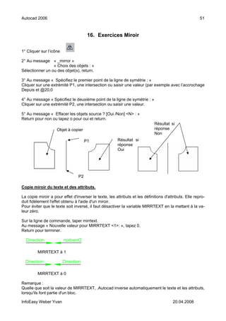 Autocad 2006                                                                                            51



                                       16. Exercices Miroir

1° Cliquer sur l’icône

2° Au message « _mirror »
                 « Choix des objets : »
Sélectionner un ou des objet(s), return.

3° Au message « Spécifiez le premier point de la ligne de symétrie : »
Cliquer sur une extrémité P1, une intersection ou saisir une valeur (par exemple avec l’accrochage
Depuis et @20,0

4° Au message « Spécifiez le deuxième point de la ligne de symétrie : »
Cliquer sur une extrémité P2, une intersection ou saisir une valeur.

5° Au message « Effacer les objets source ? [Oui /Non] <N> : »
Return pour non ou tapez o pour oui et return.
                                                                             Résultat si
                    Objet à copier                                           réponse
                                                                             Non
                                      P1                Résultat si
                                                        réponse
                                                        Oui




                                 P2

Copie miroir du texte et des attributs.

La copie miroir a pour effet d'inverser le texte, les attributs et les définitions d'attributs. Elle repro-
duit fidèlement l'effet obtenu à l'aide d'un miroir.
Pour éviter que le texte soit inversé, il faut désactiver la variable MIRRTEXT en la mettant à la va-
leur zéro.

Sur la ligne de commande, taper mirrtext.
Au message « Nouvelle valeur pour MIRRTEXT <1>: », tapez 0.
Return pour terminer.




         MIRRTEXT à 1




         MIRRTEXT à 0

Remarque :
Quelle que soit la valeur de MIRRTEXT, .Autocad inverse automatiquement le texte et les attributs,
lorsqu'ils font partie d'un bloc.

InfoEasy Weber Yvan                                                                     20.04.2008
 