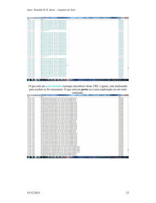 Autor: Reinaldo M. R. Junior – Arquiteto de Teste
15/12/2011 12
O que está em azul clarinho é porque encontrou várias URL´s iguais, esta analisando
para excluir se for necessário. O que está em preto ou é uma exploração ou um teste
realizado.
 