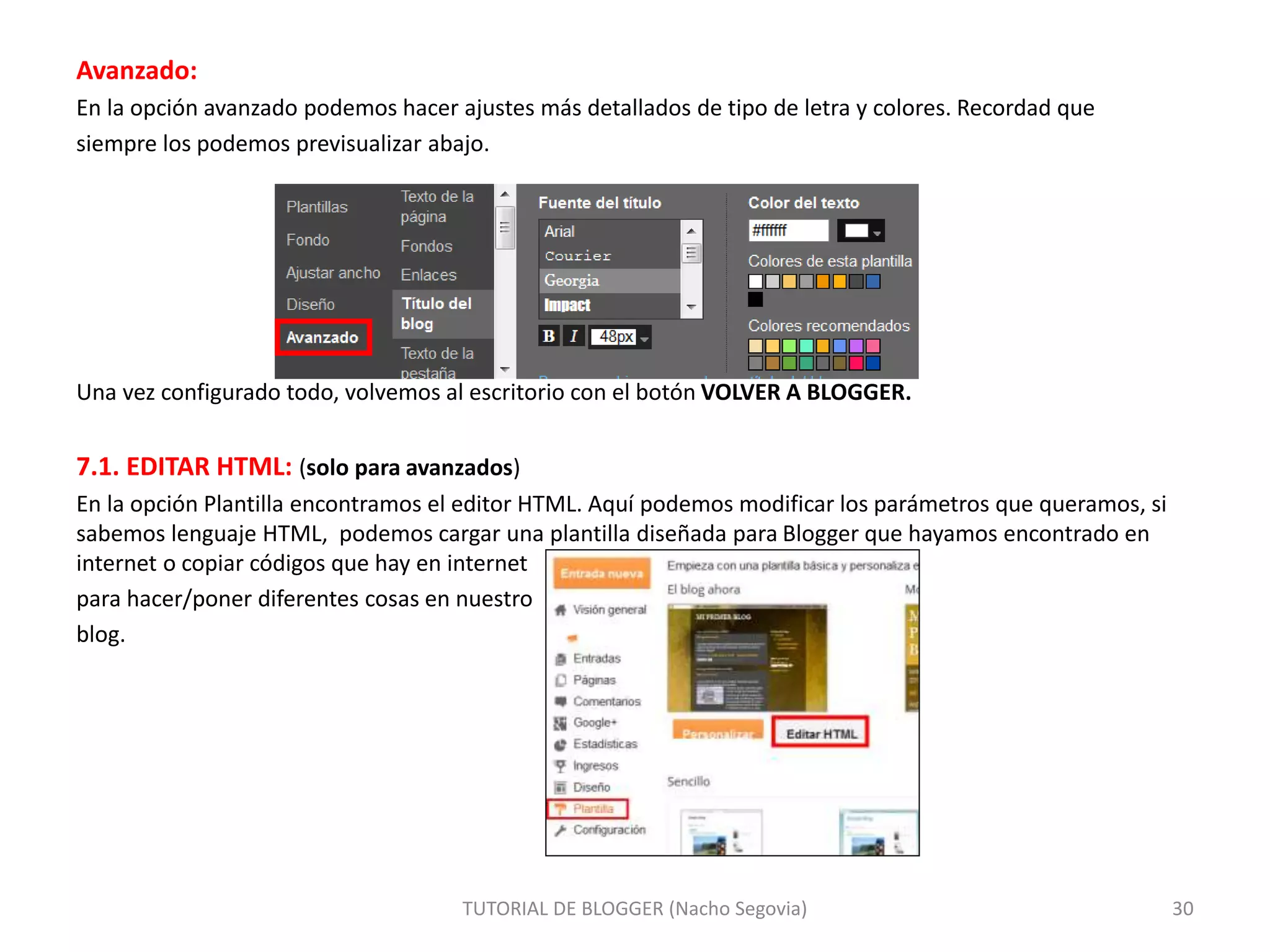 Avanzado:
En la opción avanzado podemos hacer ajustes más detallados de tipo de letra y colores. Recordad que
siempre los podemos previsualizar abajo.
Una vez configurado todo, volvemos al escritorio con el botón VOLVER A BLOGGER.
7.1. EDITAR HTML: (solo para avanzados)
En la opción Plantilla encontramos el editor HTML. Aquí podemos modificar los parámetros que queramos, si
sabemos lenguaje HTML, podemos cargar una plantilla diseñada para Blogger que hayamos encontrado en
internet o copiar códigos que hay en internet
para hacer/poner diferentes cosas en nuestro
blog.
TUTORIAL DE BLOGGER (Nacho Segovia) 30
 