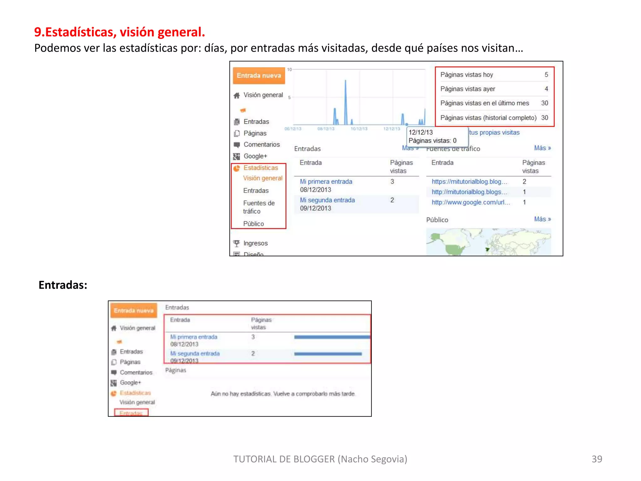 9.Estadísticas, visión general.
Podemos ver las estadísticas por: días, por entradas más visitadas, desde qué países nos visitan…
Entradas:
TUTORIAL DE BLOGGER (Nacho Segovia) 39
 