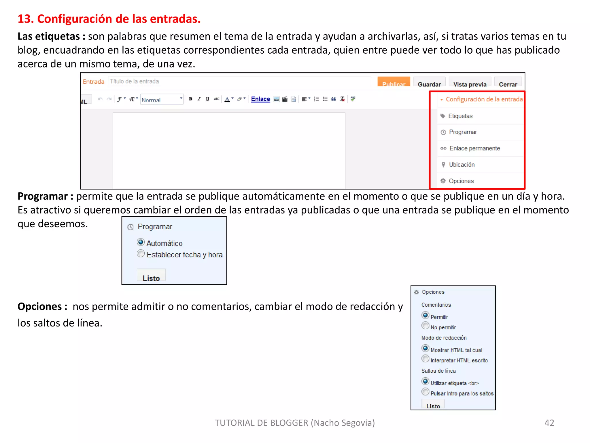 13. Configuración de las entradas.
Las etiquetas : son palabras que resumen el tema de la entrada y ayudan a archivarlas, así, si tratas varios temas en tu
blog, encuadrando en las etiquetas correspondientes cada entrada, quien entre puede ver todo lo que has publicado
acerca de un mismo tema, de una vez.
Programar : permite que la entrada se publique automáticamente en el momento o que se publique en un día y hora.
Es atractivo si queremos cambiar el orden de las entradas ya publicadas o que una entrada se publique en el momento
que deseemos.
Opciones : nos permite admitir o no comentarios, cambiar el modo de redacción y
los saltos de línea.
TUTORIAL DE BLOGGER (Nacho Segovia) 42
 