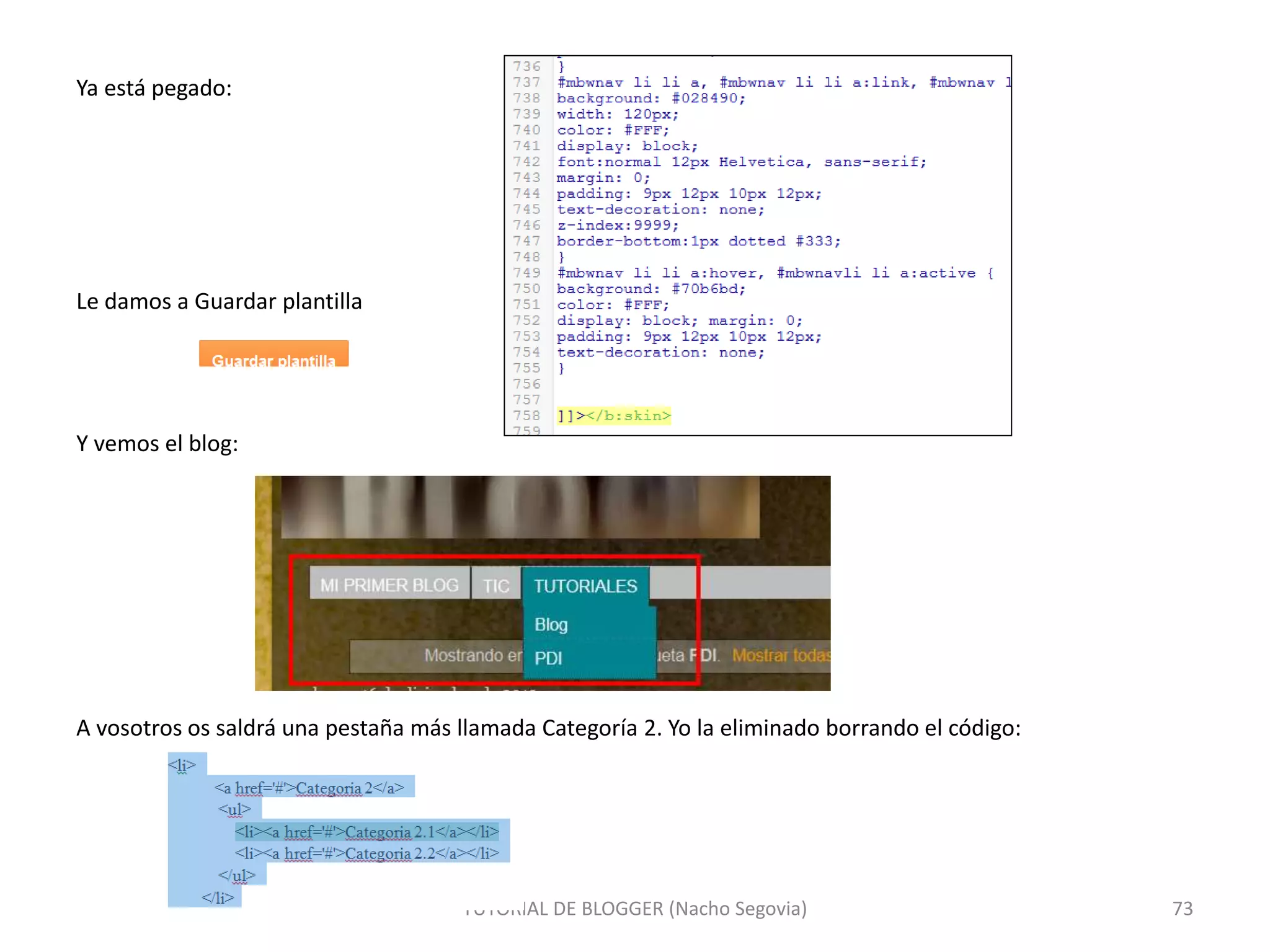 Ya está pegado:
Le damos a Guardar plantilla
Y vemos el blog:
A vosotros os saldrá una pestaña más llamada Categoría 2. Yo la eliminado borrando el código:
TUTORIAL DE BLOGGER (Nacho Segovia) 73
 