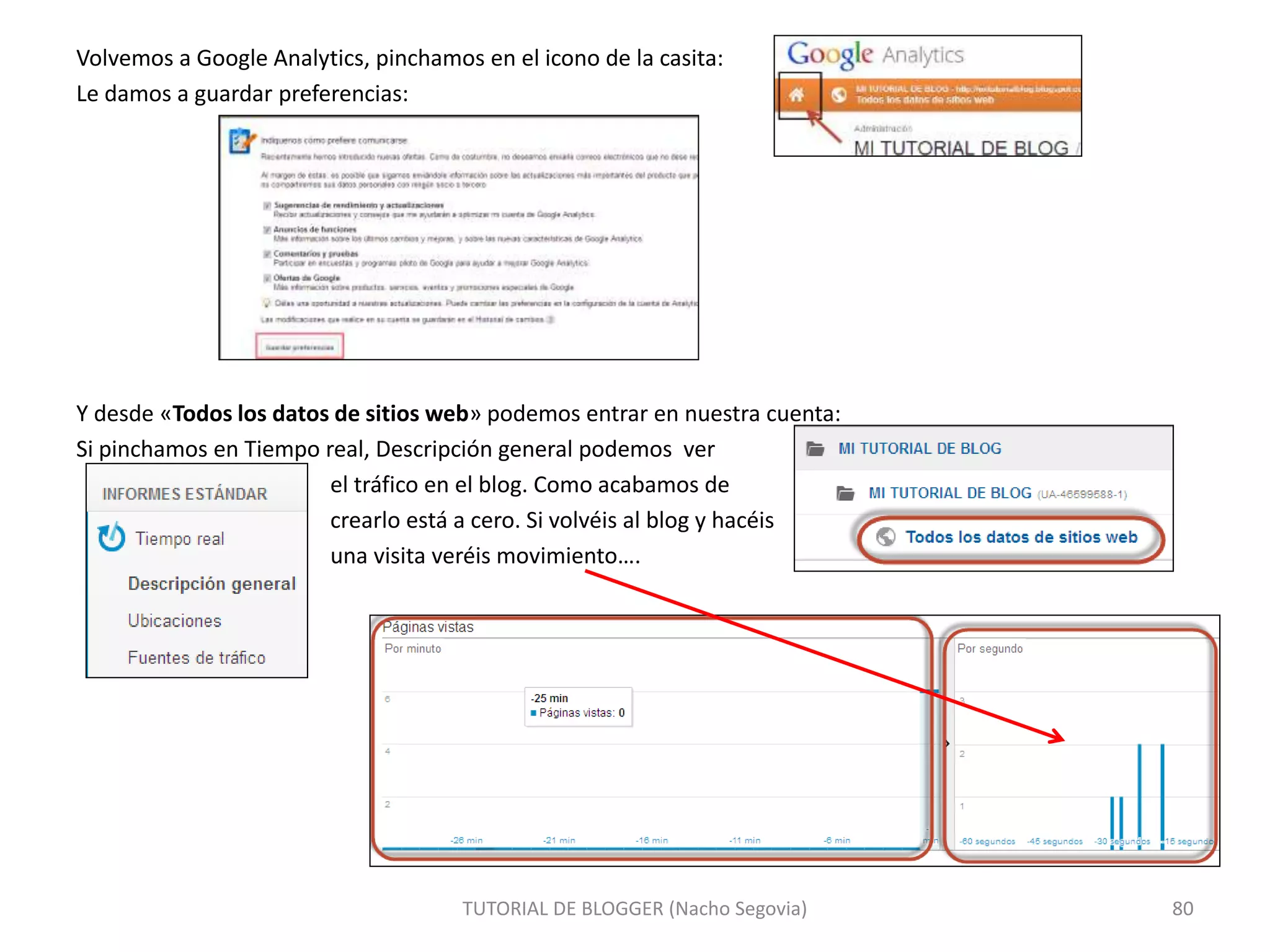 Volvemos a Google Analytics, pinchamos en el icono de la casita:
Le damos a guardar preferencias:
Y desde «Todos los datos de sitios web» podemos entrar en nuestra cuenta:
Si pinchamos en Tiempo real, Descripción general podemos ver
el tráfico en el blog. Como acabamos de
crearlo está a cero. Si volvéis al blog y hacéis
una visita veréis movimiento….
TUTORIAL DE BLOGGER (Nacho Segovia) 80
 