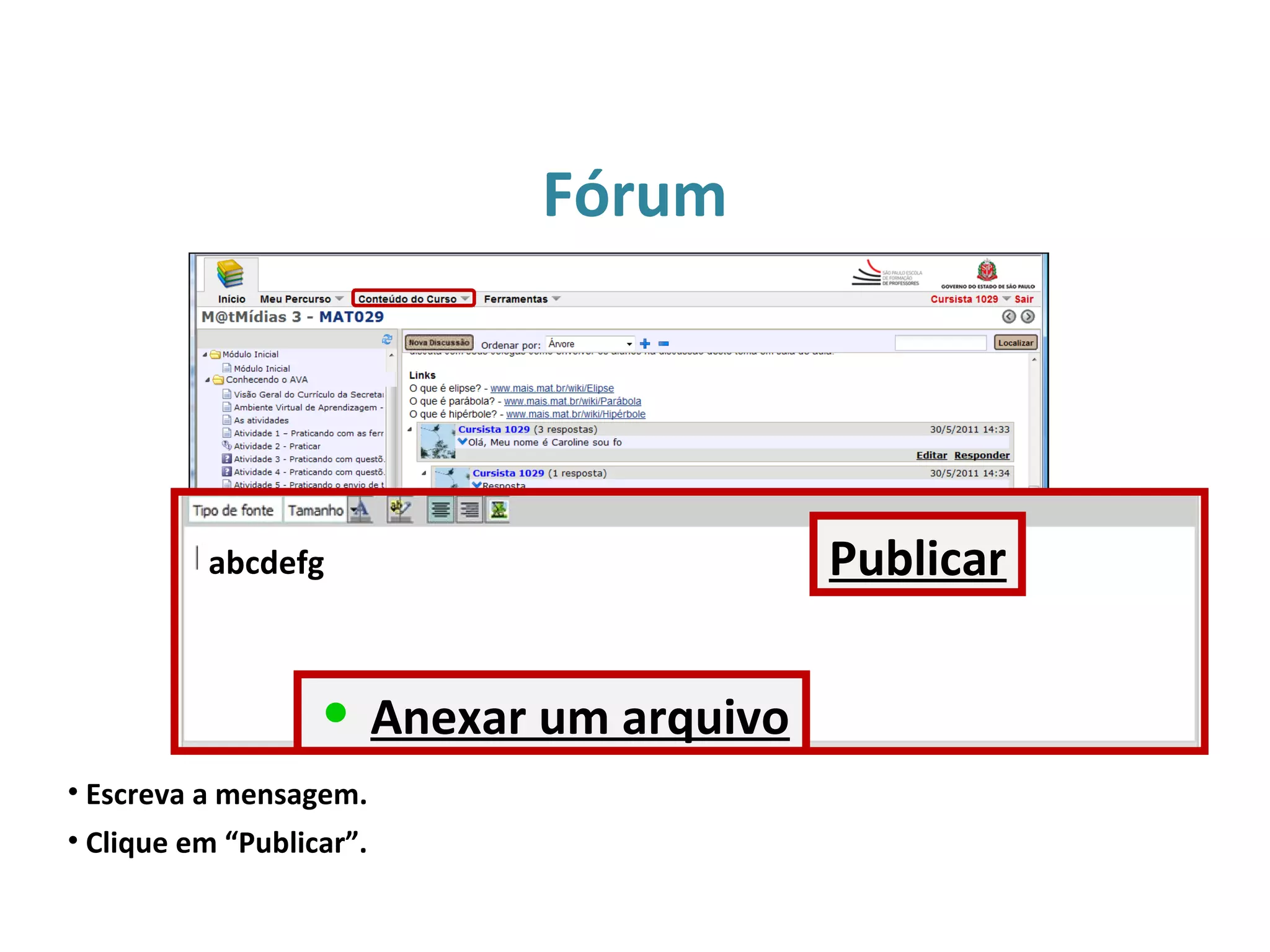 Fórum
• Escreva a mensagem.
• Clique em “Publicar”.
abcdefg
Anexar um arquivo
Publicar
 