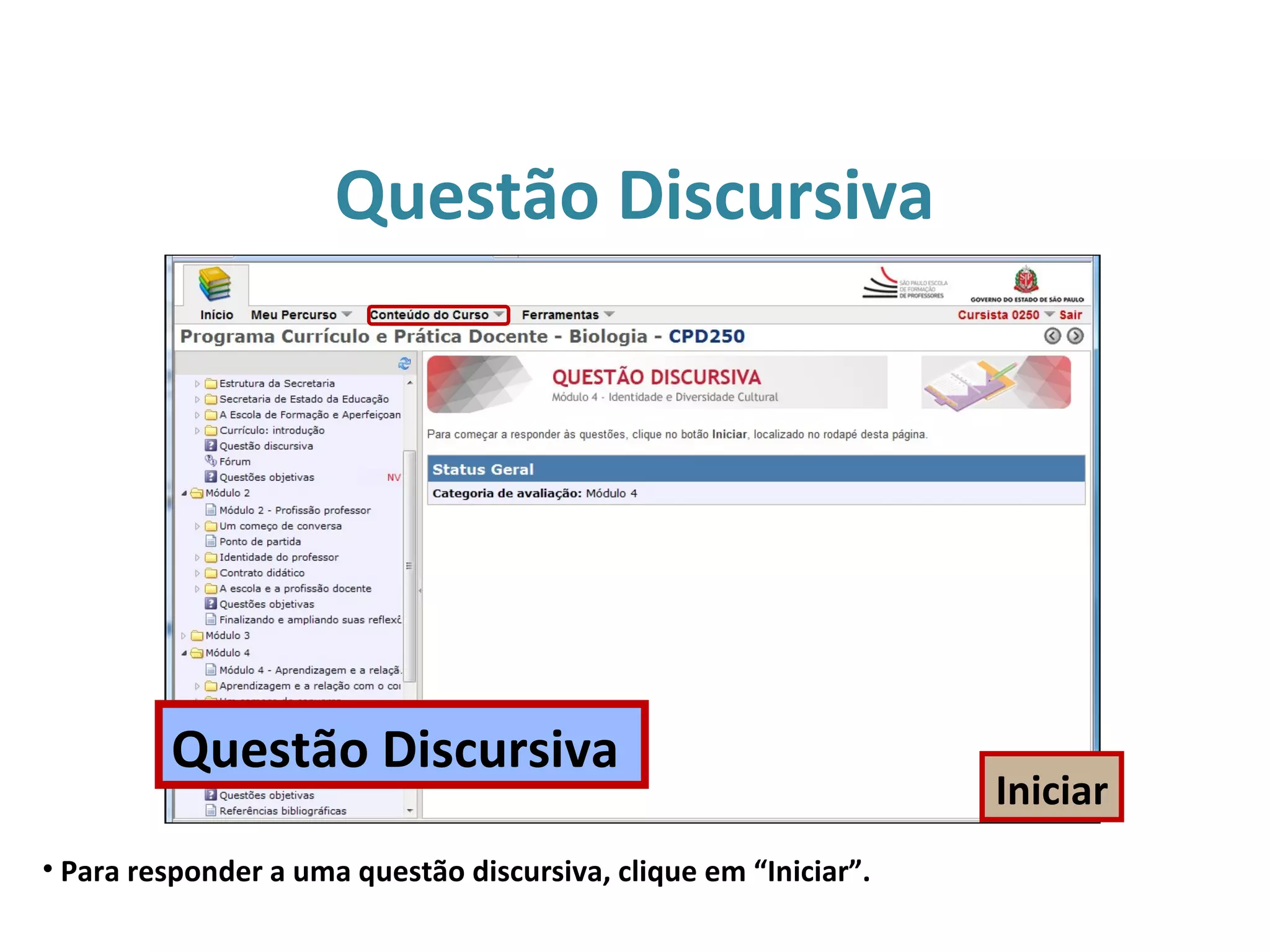 Questão Discursiva
• Para responder a uma questão discursiva, clique em “Iniciar”.
Iniciar
Questão Discursiva
 