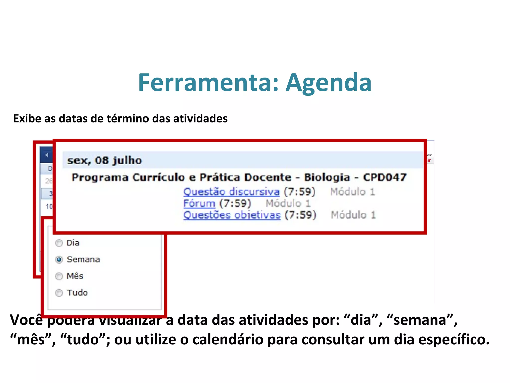 Ferramenta: Agenda
Você poderá visualizar a data das atividades por: “dia”, “semana”,
“mês”, “tudo”; ou utilize o calendário para consultar um dia específico.
Exibe as datas de término das atividades
 