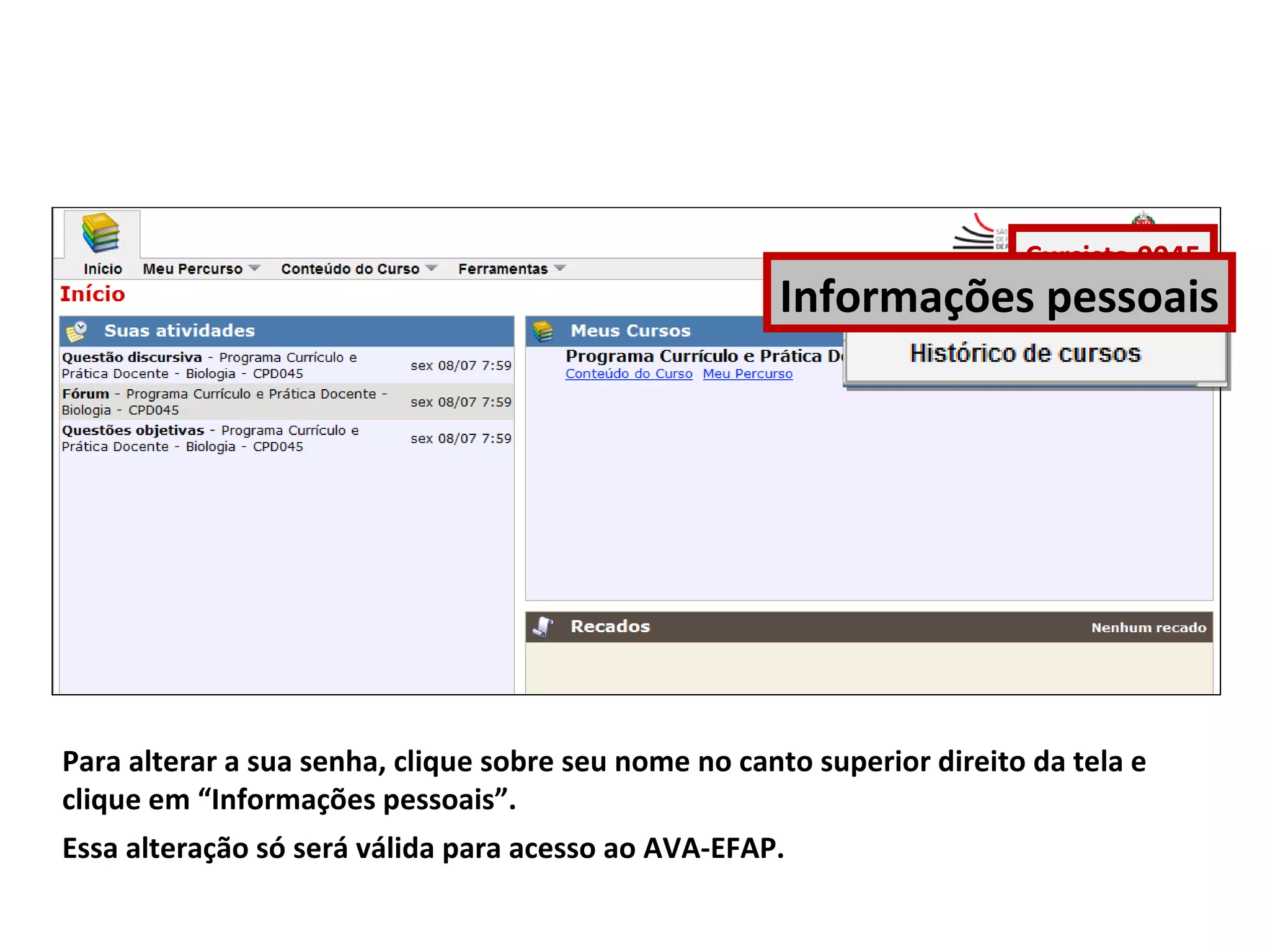 Para alterar a sua senha, clique sobre seu nome no canto superior direito da tela e
clique em “Informações pessoais”.
Essa alteração só será válida para acesso ao AVA-EFAP.
Cursista 0045
Informações pessoais
 