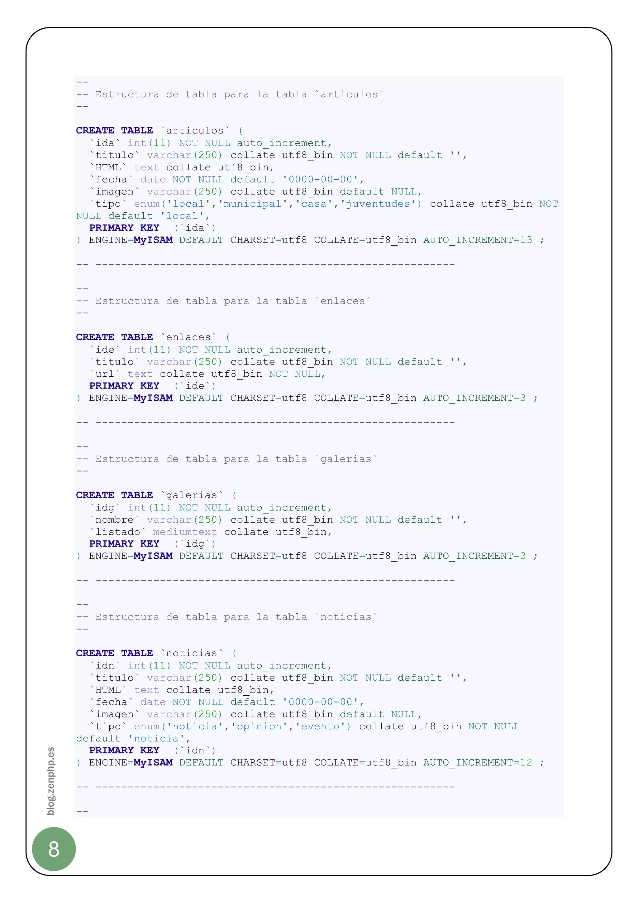 --
                 -- Estructura de tabla para la tabla `articulos`
                 --

                 CREATE TABLE `articulos` (
                   `ida` int(11) NOT NULL auto_increment,
                   `titulo` varchar(250) collate utf8_bin NOT NULL default '',
                   `HTML` text collate utf8_bin,
                   `fecha` date NOT NULL default '0000-00-00',
                   `imagen` varchar(250) collate utf8_bin default NULL,
                   `tipo` enum('local','municipal','casa','juventudes') collate utf8_bin NOT
                 NULL default 'local',
                   PRIMARY KEY (`ida`)
                 ) ENGINE=MyISAM DEFAULT CHARSET=utf8 COLLATE=utf8_bin AUTO_INCREMENT=13 ;

                 -- --------------------------------------------------------

                 --
                 -- Estructura de tabla para la tabla `enlaces`
                 --

                 CREATE TABLE `enlaces` (
                   `ide` int(11) NOT NULL auto_increment,
                   `titulo` varchar(250) collate utf8_bin NOT NULL default '',
                   `url` text collate utf8_bin NOT NULL,
                   PRIMARY KEY (`ide`)
                 ) ENGINE=MyISAM DEFAULT CHARSET=utf8 COLLATE=utf8_bin AUTO_INCREMENT=3 ;

                 -- --------------------------------------------------------

                 --
                 -- Estructura de tabla para la tabla `galerias`
                 --

                 CREATE TABLE `galerias` (
                   `idg` int(11) NOT NULL auto_increment,
                   `nombre` varchar(250) collate utf8_bin NOT NULL default '',
                   `listado` mediumtext collate utf8_bin,
                   PRIMARY KEY (`idg`)
                 ) ENGINE=MyISAM DEFAULT CHARSET=utf8 COLLATE=utf8_bin AUTO_INCREMENT=3 ;

                 -- --------------------------------------------------------

                 --
                 -- Estructura de tabla para la tabla `noticias`
                 --

                 CREATE TABLE `noticias` (
                   `idn` int(11) NOT NULL auto_increment,
                   `titulo` varchar(250) collate utf8_bin NOT NULL default '',
                   `HTML` text collate utf8_bin,
                   `fecha` date NOT NULL default '0000-00-00',
                   `imagen` varchar(250) collate utf8_bin default NULL,
                   `tipo` enum('noticia','opinion','evento') collate utf8_bin NOT NULL
                 default 'noticia',
                   PRIMARY KEY (`idn`)
blog.zenphp.es




                 ) ENGINE=MyISAM DEFAULT CHARSET=utf8 COLLATE=utf8_bin AUTO_INCREMENT=12 ;

                 -- --------------------------------------------------------

                 --


    8
 