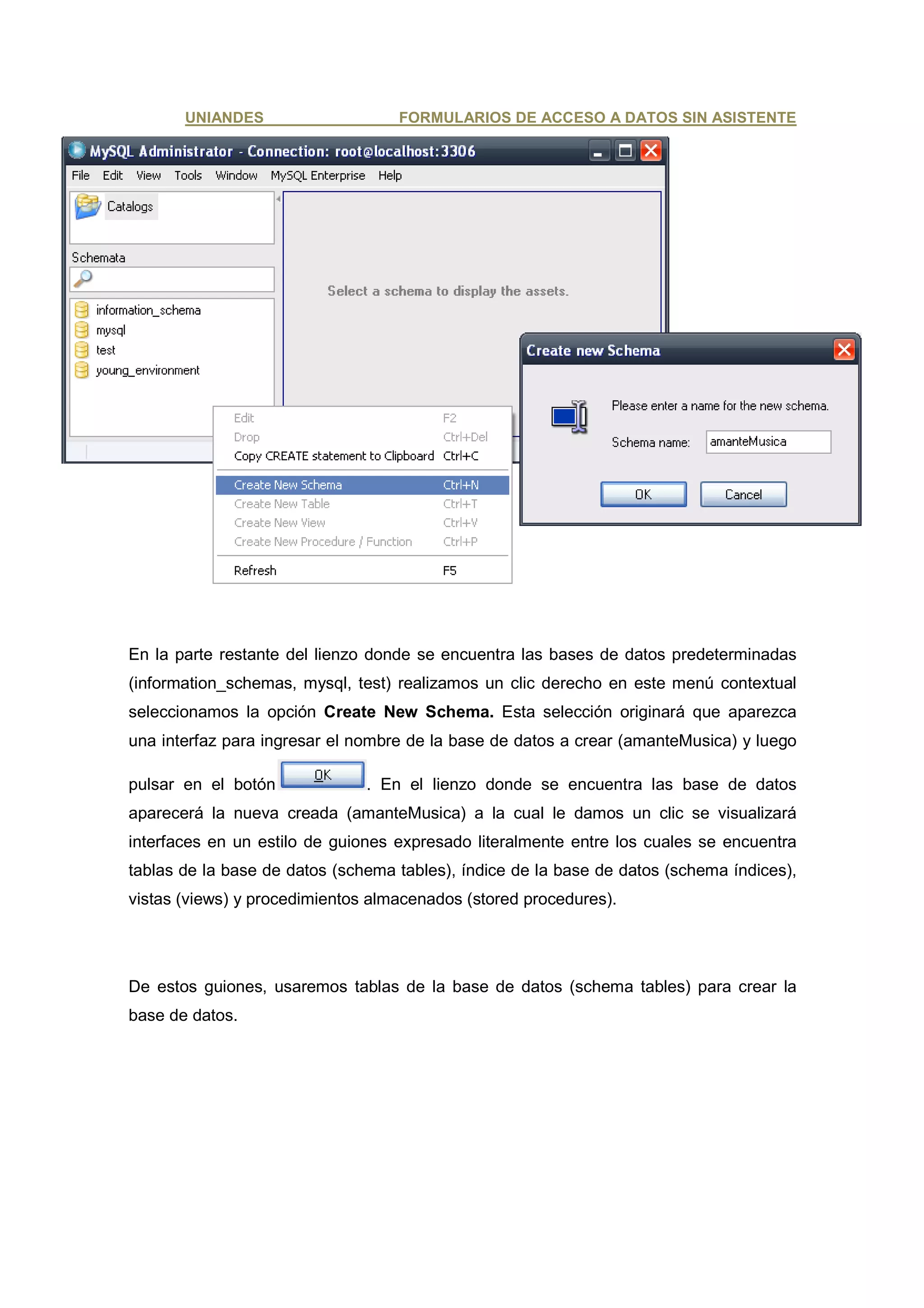 UNIANDES                    FORMULARIOS DE ACCESO A DATOS SIN ASISTENTE




En la parte restante del lienzo donde se encuentra las bases de datos predeterminadas
(information_schemas, mysql, test) realizamos un clic derecho en este menú contextual
seleccionamos la opción Create New Schema. Esta selección originará que aparezca
una interfaz para ingresar el nombre de la base de datos a crear (amanteMusica) y luego

pulsar en el botón             . En el lienzo donde se encuentra las base de datos
aparecerá la nueva creada (amanteMusica) a la cual le damos un clic se visualizará
interfaces en un estilo de guiones expresado literalmente entre los cuales se encuentra
tablas de la base de datos (schema tables), índice de la base de datos (schema índices),
vistas (views) y procedimientos almacenados (stored procedures).




De estos guiones, usaremos tablas de la base de datos (schema tables) para crear la
base de datos.
 