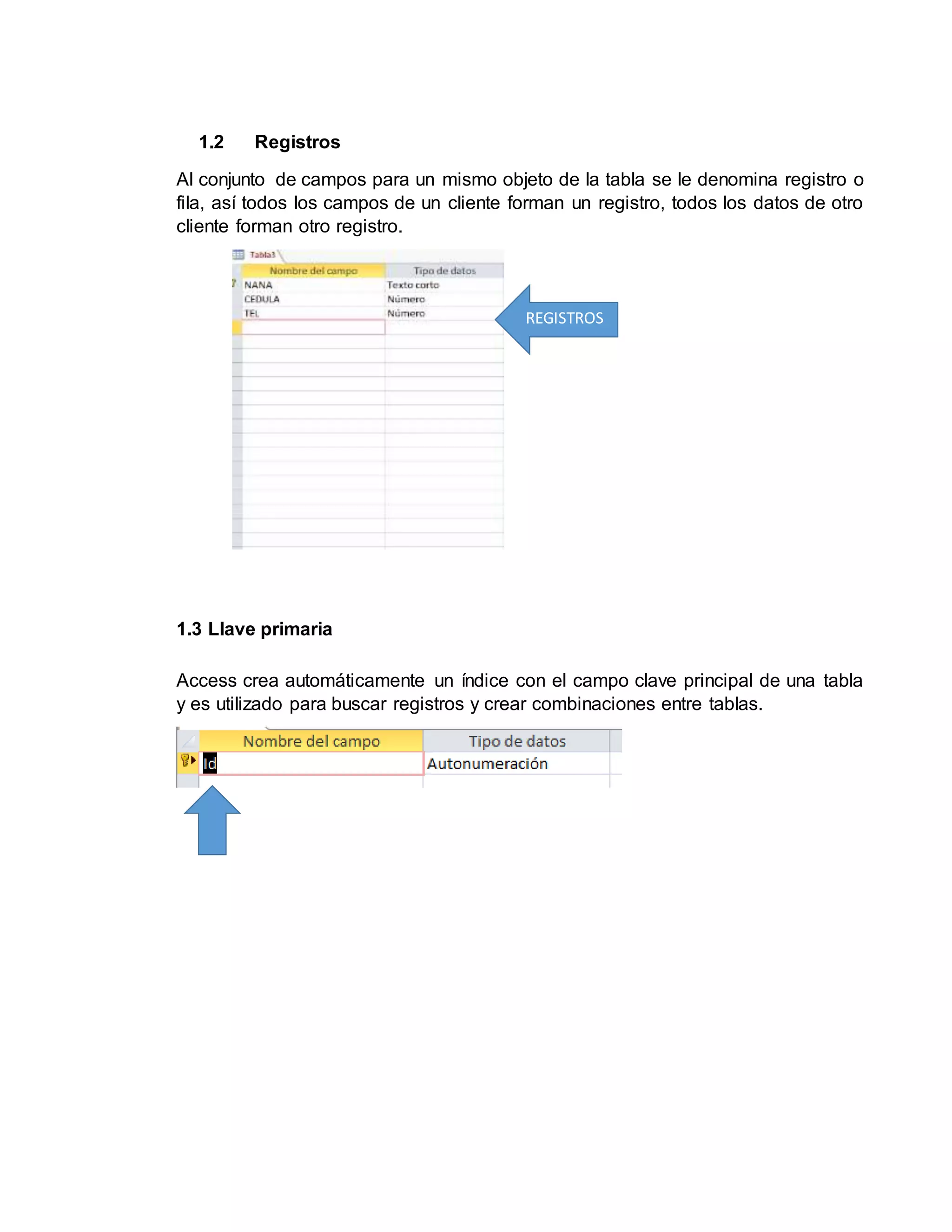 1.2 Registros
Al conjunto de campos para un mismo objeto de la tabla se le denomina registro o
fila, así todos los campos de un cliente forman un registro, todos los datos de otro
cliente forman otro registro.
1.3 Llave primaria
Access crea automáticamente un índice con el campo clave principal de una tabla
y es utilizado para buscar registros y crear combinaciones entre tablas.
REGISTROS
 