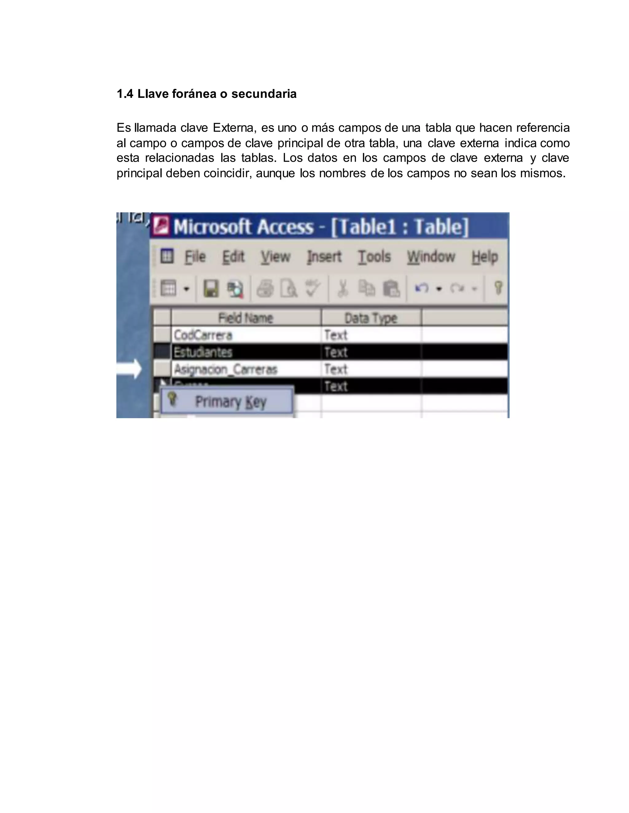 1.4 Llave foránea o secundaria
Es llamada clave Externa, es uno o más campos de una tabla que hacen referencia
al campo o campos de clave principal de otra tabla, una clave externa indica como
esta relacionadas las tablas. Los datos en los campos de clave externa y clave
principal deben coincidir, aunque los nombres de los campos no sean los mismos.
 