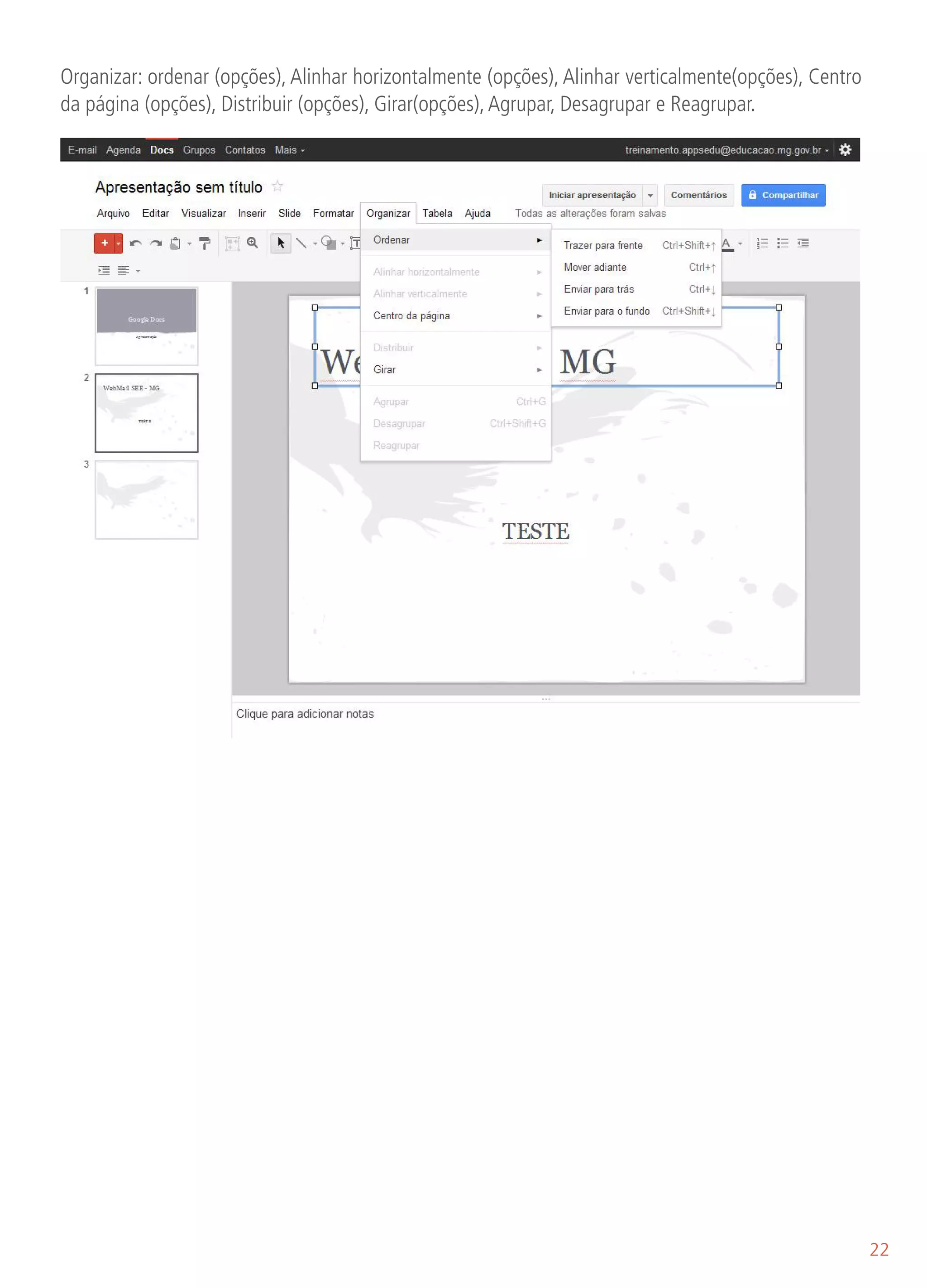 Organizar: ordenar (opções), Alinhar horizontalmente (opções), Alinhar verticalmente(opções), Centro
da página (opções), Distribuir (opções), Girar(opções), Agrupar, Desagrupar e Reagrupar.




                                                                                                       22
 