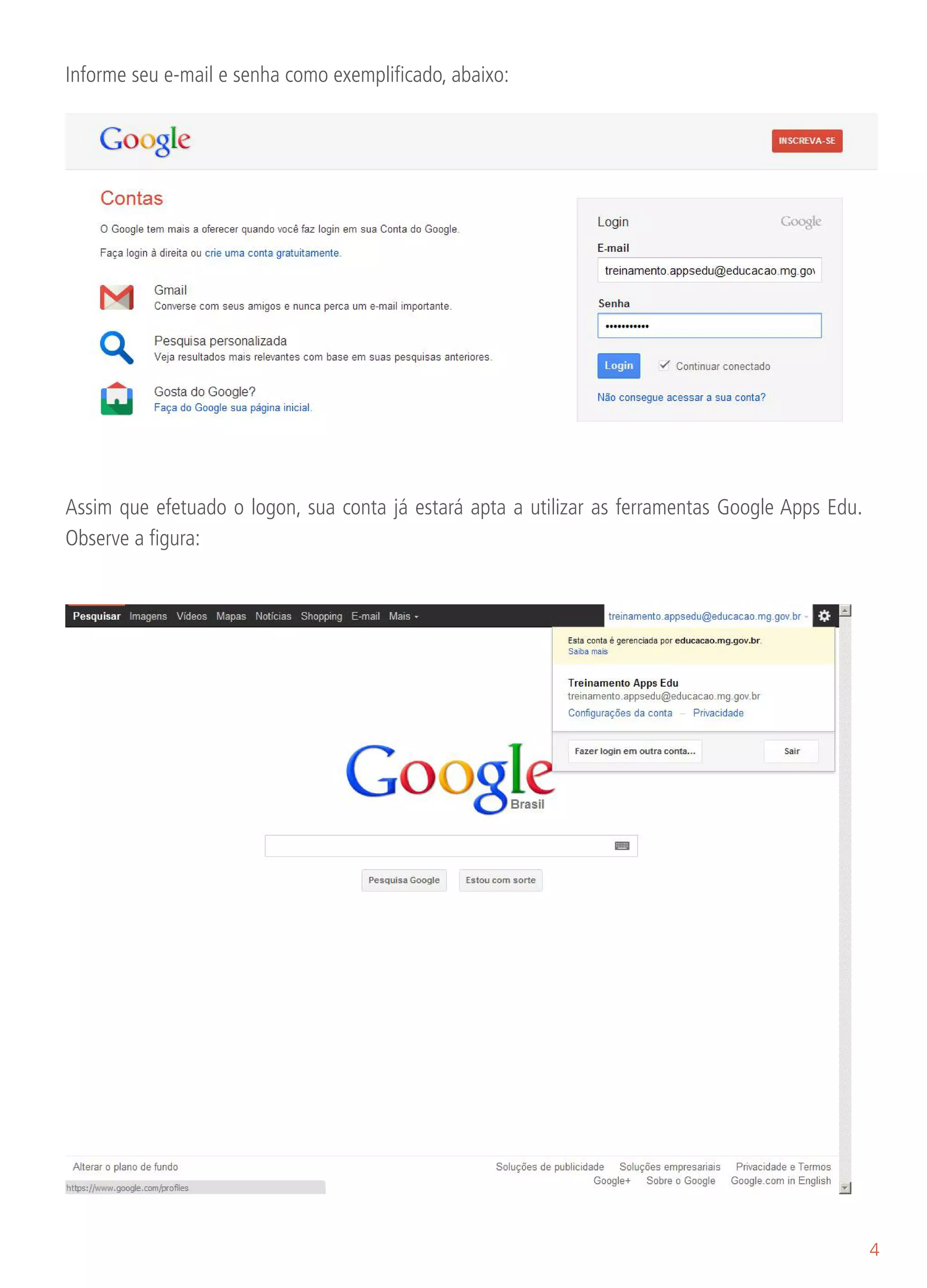 Informe seu e-mail e senha como exemplificado, abaixo:




Assim que efetuado o logon, sua conta já estará apta a utilizar as ferramentas Google Apps Edu.
Observe a figura:




                                                                                                  4
 
