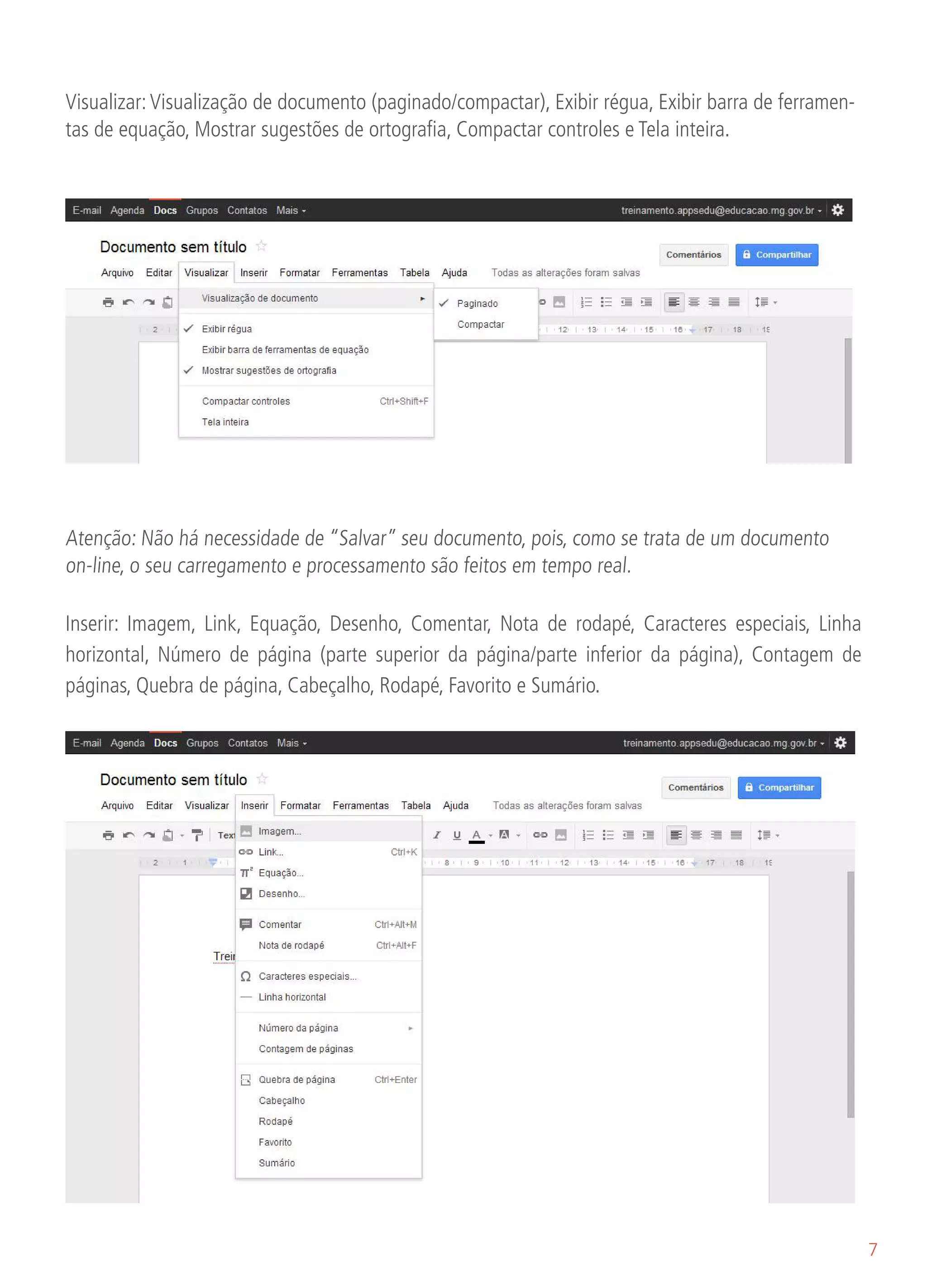 Visualizar: Visualização de documento (paginado/compactar), Exibir régua, Exibir barra de ferramen-
tas de equação, Mostrar sugestões de ortografia, Compactar controles e Tela inteira.




Atenção: Não há necessidade de “Salvar” seu documento, pois, como se trata de um documento
on-line, o seu carregamento e processamento são feitos em tempo real.

Inserir: Imagem, Link, Equação, Desenho, Comentar, Nota de rodapé, Caracteres especiais, Linha
horizontal, Número de página (parte superior da página/parte inferior da página), Contagem de
páginas, Quebra de página, Cabeçalho, Rodapé, Favorito e Sumário.




                                                                                                      7
 