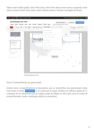 Tabela: Inserir tabela (grade), Inserir linha acima, Inserir linha abaixo, Inserir coluna à esquerda, Inserir
coluna à direita, Excluir linha, Excluir coluna, Mesclar células e Desfazer mesclagem de células.




oluna à direita, Excluir linha, Excluir coluna, Mesclar células e Desfazer mesclagem de células.




Passo 4: Compartilhando sua apresentação

Simples como o compartilhamento de documentos, para se compartilhar uma apresentação criada,
você clicará no botão               e, na janela que se segue, escolherá as melhores opções de vi-
sualização do seu documento para os colegas, grupo de colegas ou afins, bem como os modos de
compartilhamento, sendo: visualização, edição ou comentários:




                                                                                                                23
 