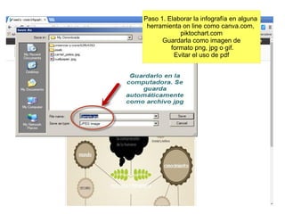 Paso 1. Elaborar la infografía en alguna
herramienta on line como canva.com,
piktochart.com
Guardarla como imagen de
formato png, jpg o gif.
Evitar el uso de pdf
 
