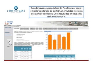 Cuando hayas acabado la fase de Planificación, podrás
empezar con la fase de Gestión, el simulador ejecutará
el sistema y te ofrecerá unos resultados en base a les
decisiones tomadas.
 