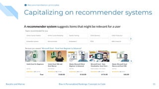 Capitalizing on recommender systems
A recommender system suggests items that might be relevant for a user
11Bias in Personalized Rankings: Concepts to CodeBoratto and Marras
Recommendation principles
 
