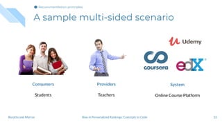 A sample multi-sided scenario
16
Consumers
Students
Providers
Teachers
System
Online Course Platform
Bias in Personalized Rankings: Concepts to CodeBoratto and Marras
Recommendation principles
 