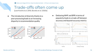 Trade-offs often come up
[Leonhardt et al. 2018, Boratto et al. 2020a]
● The introduction of diversity thanks to a
post-processing leads to an increasing
disparity in recommendation quality
36Bias in Personalized Rankings: Concepts to CodeBoratto and Marras
● Debiasing NMF and BPR in terms of
popularity leads to a trade-off between
accuracy and beyond-accuracy metrics
Data and algorithmic bias fundamentalsData and algorithmic bias fundamentals > Inﬂuenced objectives
 