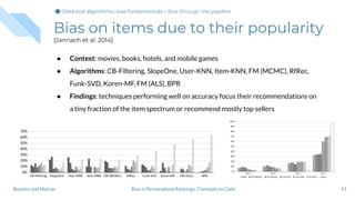 Bias on items due to their popularity
[Jannach et al. 2014]
● Context: movies, books, hotels, and mobile games
● Algorithms: CB-Filtering, SlopeOne, User-KNN, Item-KNN, FM (MCMC), RfRec,
Funk-SVD, Koren-MF, FM (ALS), BPR
● Findings: techniques performing well on accuracy focus their recommendations on
a tiny fraction of the item spectrum or recommend mostly top sellers
41Bias in Personalized Rankings: Concepts to CodeBoratto and Marras
Data and algorithmic bias fundamentalsData and algorithmic bias fundamentals > Bias through the pipeline
 