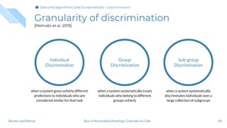 Granularity of discrimination
[Mehrabi et al. 2019]
65Bias in Personalized Rankings: Concepts to CodeBoratto and Marras
Individual
Discrimination
when a system gives unfairly different
predictions to individuals who are
considered similar for that task
Group
Discrimination
when a system systematically treats
individuals who belong to different
groups unfairly
Sub-group
Discrimination
when a system systematically
discriminates individuals over a
large collection of subgroups
Data and algorithmic bias fundamentalsData and algorithmic bias fundamentalsData and algorithmic bias fundamentals > Discrimination
 