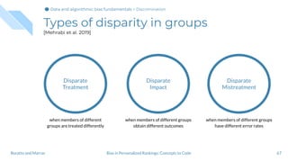 Types of disparity in groups
[Mehrabi et al. 2019]
67Bias in Personalized Rankings: Concepts to CodeBoratto and Marras
Disparate
Treatment
when members of different
groups are treated differently
Disparate
Impact
when members of different groups
obtain different outcomes
Disparate
Mistreatment
when members of different groups
have different error rates
Data and algorithmic bias fundamentalsData and algorithmic bias fundamentalsData and algorithmic bias fundamentals > Discrimination
 