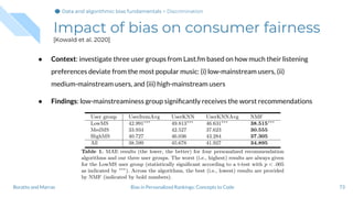 Impact of bias on consumer fairness
[Kowald et al. 2020]
● Context: investigate three user groups from Last.fm based on how much their listening
preferences deviate from the most popular music: (i) low-mainstream users, (ii)
medium-mainstream users, and (iii) high-mainstream users
● Findings: low-mainstreaminess group signiﬁcantly receives the worst recommendations
73Bias in Personalized Rankings: Concepts to CodeBoratto and Marras
Data and algorithmic bias fundamentalsData and algorithmic bias fundamentalsData and algorithmic bias fundamentals > Discrimination
 