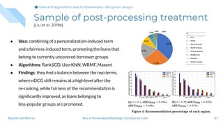 Sample of post-processing treatment
[Liu et al. 2019b]
● Idea: combining of a personalization-induced term
and a fairness-induced term, promoting the loans that
belong to currently uncovered borrower groups
● Algorithms: RankSGD, UserKNN, WRMF, Maxent
● Findings: they ﬁnd a balance between the two terms,
where nDCG still remains at a high level after the
re-ranking, while fairness of the recommendation is
signiﬁcantly improved, as loans belonging to
less-popular groups are promoted.
81Bias in Personalized Rankings: Concepts to CodeBoratto and Marras
Data and algorithmic bias fundamentalsData and algorithmic bias fundamentalsData and algorithmic bias fundamentals > Mitigation design
 