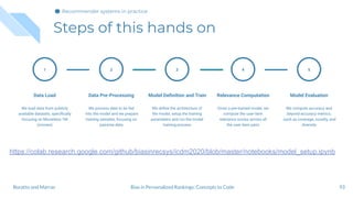 Steps of this hands on
93
1
Data Load
We load data from publicly
available datasets, speciﬁcally
focusing on Movielens 1M
(movies)
Data Pre-Processing
We process data to be fed
into the model and we prepare
training samples, focusing on
pairwise data
2
Model Deﬁnition and Train
We deﬁne the architecture of
the model, setup the training
parameters and run the model
training process
3
Relevance Computation
Given a pre-trained model, we
compute the user-item
relevance scores across all
the user-item pairs
4
Model Evaluation
We compute accuracy and
beyond-accuracy metrics,
such as coverage, novelty, and
diversity
5
Bias in Personalized Rankings: Concepts to CodeBoratto and Marras
Recommender systems in practice
https://colab.research.google.com/github/biasinrecsys/icdm2020/blob/master/notebooks/model_setup.ipynb
 