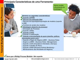 Principais Características de uma Ferramenta:
Tutorial BizAgi®, Modelagem de Processos

Vamos avaliar
a ferramenta de
modelagem

Veremos as seguintes características:
- Suporte a BPMN
- Recurso de publicação Web
- Recurso de exportação/importação de modelos (suporte
a XMI)
- Controle de versão dos modelos
- Modelagem (desenho de processo)
- Simulação de Processo;
- Suporte a BPEL
- Suporte a XPDL
- Suporte a colaboração;
- Suporte a documentação de apoio (planilha, gráficos,
documentos word e etc.)
- Suporte a Regra de Negócio (BRE – Business Rules
Engine ou BRM – Business Rules Management);
- Suporte a SOA (Arquitetura Orientada a Serviço);
- Suporte a Gestão de Risco;
- Suporte a BAM (Business Activity Monitoring –
Monitoramento das Atividades de Negócio).

Itens que o BizAgi Process Modeler têm suporte
Versão 7 Set 2013 | RFS

rildo.santos@etecnologia.com.br

Todos os direitos reservados e protegidos © 2006 e 2013

10

 