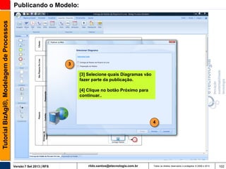 Tutorial BizAgi®, Modelagem de Processos

Publicando o Modelo:

3
[3] Selecione quais Diagramas vão
fazer parte da publicação.
[4] Clique no botão Próximo para
continuar..

4

Versão 7 Set 2013 | RFS

rildo.santos@etecnologia.com.br

Todos os direitos reservados e protegidos © 2006 e 2013

102

 