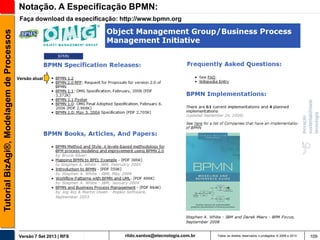 Notação. A Especificação BPMN:
Tutorial BizAgi®, Modelagem de Processos

Faça download da especificação: http://www.bpmn.org

Versão atual

Versão 7 Set 2013 | RFS

rildo.santos@etecnologia.com.br

Todos os direitos reservados e protegidos © 2006 e 2013

109

 