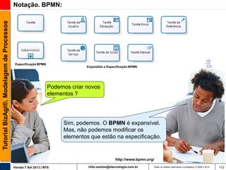 Tutorial BizAgi®, Modelagem de Processos

Notação. BPMN:

Especificação BPMN

Expandido a Especificação BPMN

Podemos criar novos
elementos ?

Sim, podemos. O BPMN é expansível.
Mas, não podemos modificar os
elementos que estão na especificação.

http://www.bpmn.org/
Versão 7 Set 2013 | RFS

rildo.santos@etecnologia.com.br

Todos os direitos reservados e protegidos © 2006 e 2013

112

 