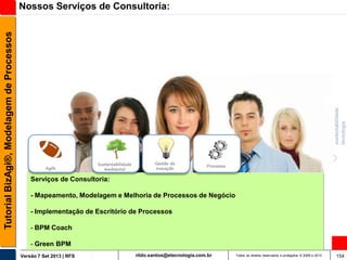 Tutorial BizAgi®, Modelagem de Processos

Nossos Serviços de Consultoria:

Agile

Sustentabilidade
Ambiental

Gestão de
Inovação

Processos

Serviços de Consultoria:

- Mapeamento, Modelagem e Melhoria de Processos de Negócio
- Implementação de Escritório de Processos

- BPM Coach
- Green BPM
Versão 7 Set 2013 | RFS

rildo.santos@etecnologia.com.br

Todos os direitos reservados e protegidos © 2006 e 2013

154

 