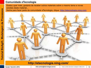 Tutorial BizAgi®, Modelagem de Processos

Comunidade eTecnologia
Gostou quer mais, gostaria de receber outros materiais sobre o mesmo tema e novas
versões deste material...
Venha para fazer parte da comunidade eTecnologia, clique: http://etecnologia.ning.com

http://etecnologia.ning.com/
Versão 7 Set 2013 | RFS

rildo.santos@etecnologia.com.br

Todos os direitos reservados e protegidos © 2006 e 2013

156

 