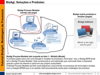 Tutorial BizAgi®, Modelagem de Processos

BizAgi, Soluções e Produtos:
BizAgi Process Modeler
(versão não paga)

BizAgi outros produtos e
versões (pagas)

BizAgi Process Modeler tem suporte ao item 1 - Modelo (Model)
O primeiro passo para criar uma solução é modelar os processos. Para fazer isso, o BizAgi BPM Suite
tem o BizAgi Process Modeler. Este componente é uma aplicação que você pode fazer o download
gratuito a partir da Internet e usá-lo em seu próprio computador.
O BizAgi Process Modeler permite você diagramar e documentar os processos de forma ágil e simples
com a notação BPMN que é um padrão internacionalmente aceito para modelagem de processo.
Versão 7 Set 2013 | RFS

rildo.santos@etecnologia.com.br

Todos os direitos reservados e protegidos © 2006 e 2013

17

 