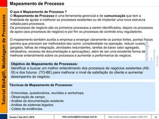 Tutorial BizAgi®, Modelagem de Processos

Mapeamento de Processo
O que é Mapeamento de Processo ?
O Mapeamento de Processo é uma ferramenta gerencial e de comunicação que tem a
finalidade de ajudar a melhorar os processos existentes ou de implantar uma nova estrutura
voltada para processos.
Os processos de negócio são os primeiros processos a serem identificados, depois os processos
de apoio (aos processos de negócio) e por fim os processos de controle e/ou reguladores.
O mapeamento também auxilia a empresa a enxergar claramente os pontos fortes, pontos fracos
(pontos que precisam ser melhorados tais como: complexidade na operação, reduzir custos,
gargalos, falhas de integração, atividades redundantes, tarefas de baixo valor agregado,
retrabalhos, excesso de documentação e aprovações), além de ser uma excelente forma de
melhorar entendimento sobre os processos e aumentar a performance do negócio.

Objetivo do Mapeamento de Processos:
Identificar e buscar um melhor entendimento dos processos de negócios existentes (ASIS) e dos futuros (TO-BE) para melhorar o nível de satisfação do cliente e aumentar
desempenho do negócio.
Técnicas de Mapeamento de Processos:

- Entrevistas, questionários, reuniões e workshops.
- Observação de campo.
- Análise da documentação existente.
- Análise de sistemas legados.
- Coleta de evidências.
Versão 7 Set 2013 | RFS

rildo.santos@etecnologia.com.br

Todos os direitos reservados e protegidos © 2006 e 2013

22

 