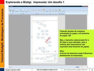Tutorial BizAgi®, Modelagem de Processos

Explorando o BizAgi. Impressão: Um desafio 1

Fazendo ajustes de margens,
orientação do papel e do tamanho
do papel. OK
Mas, o tamanho selecionado foi o
A3 (isto é uma restrição, pois a
maioria das impressoras não
suportam este tamanho de papel).

Dica:
A forma de desenhar pode influenciar
diretamente na impressão.

Versão 7 Set 2013 | RFS

rildo.santos@etecnologia.com.br

Todos os direitos reservados e protegidos © 2006 e 2013

46

 