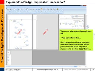 Tutorial BizAgi®, Modelagem de Processos

Explorando o BizAgi. Impressão: Um desafio 2

Trocamos o tamanho do papel para
A4.
- Veja como ficou feio...

Será necessário ajustar margens,
fazer escala de tamanho e muito
provavelmente fazer pequenas
mudança no modelo desenhado....

Versão 7 Set 2013 | RFS

rildo.santos@etecnologia.com.br

Todos os direitos reservados e protegidos © 2006 e 2013

47

 
