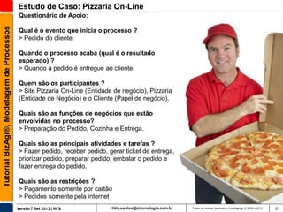 Estudo de Caso: Pizzaria On-Line
Tutorial BizAgi®, Modelagem de Processos

Questionário de Apoio:
Qual é o evento que inicia o processo ?
> Pedido do cliente.
Quando o processo acaba (qual é o resultado
esperado) ?
> Quando a pedido é entregue ao cliente.
Quem são os participantes ?
> Site Pizzaria On-Line (Entidade de negócio), Pizzaria
(Entidade de Negócio) e o Cliente (Papel de negócio).

Quais são as funções de negócios que estão
envolvidas no processo?
> Preparação do Pedido, Cozinha e Entrega.
Quais são as principais atividades e tarefas ?
> Fazer pedido, receber pedido, gerar ticket de entrega,
priorizar pedido, preparar pedido, embalar o pedido e
fazer entrega do pedido.
Quais são as restrições ?
> Pagamento somente por cartão
> Pedidos somente pela internet
Versão 7 Set 2013 | RFS

rildo.santos@etecnologia.com.br

Todos os direitos reservados e protegidos © 2006 e 2013

51

 